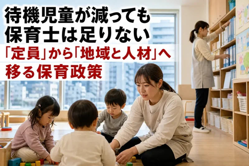保育室で少人数のこどもを見守る保育士たち。