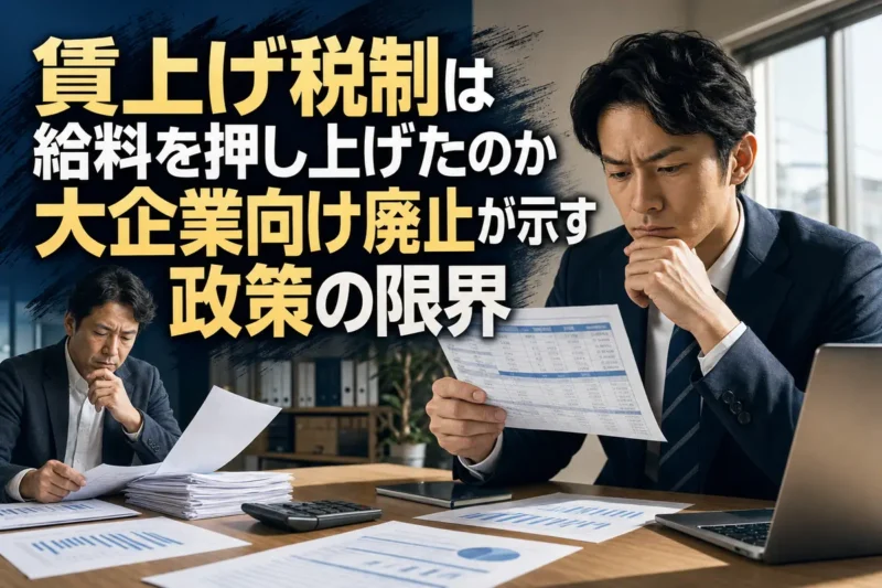 給与明細を見る会社員と賃金・税務資料を確認する中小企業経営者。