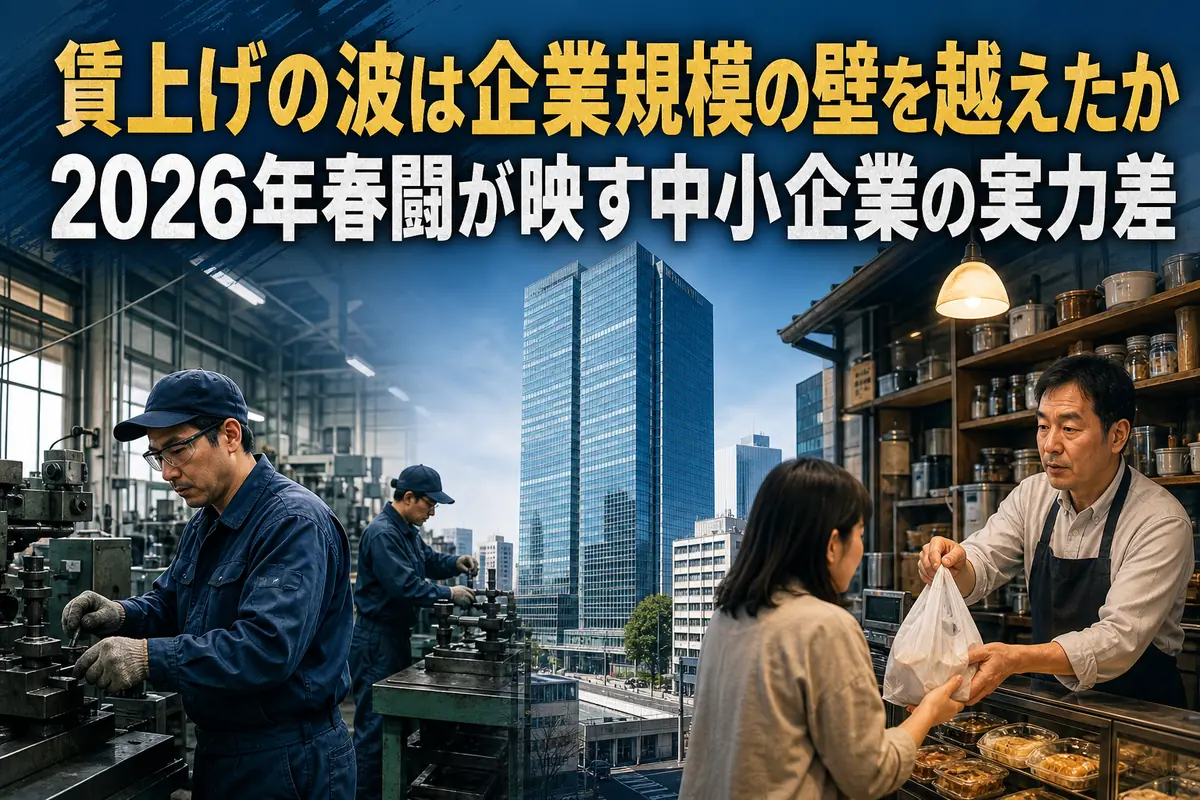 中小企業の職場と遠景の大企業オフィスを対比したイメージ。