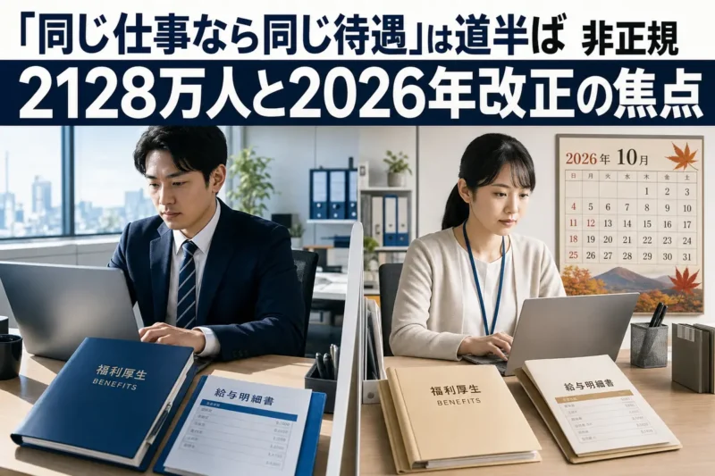 同じ職場で働く正社員と非正規社員が待遇資料を確認する様子。