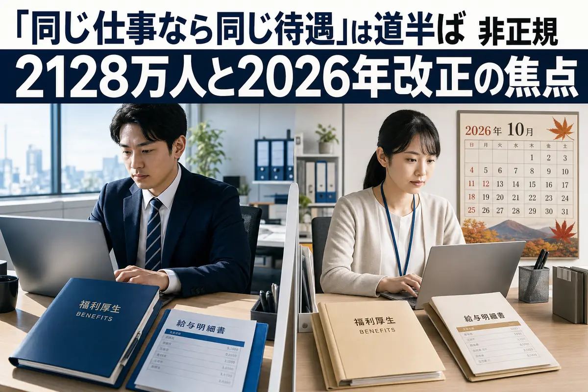 同じ職場で働く正社員と非正規社員が待遇資料を確認する様子。