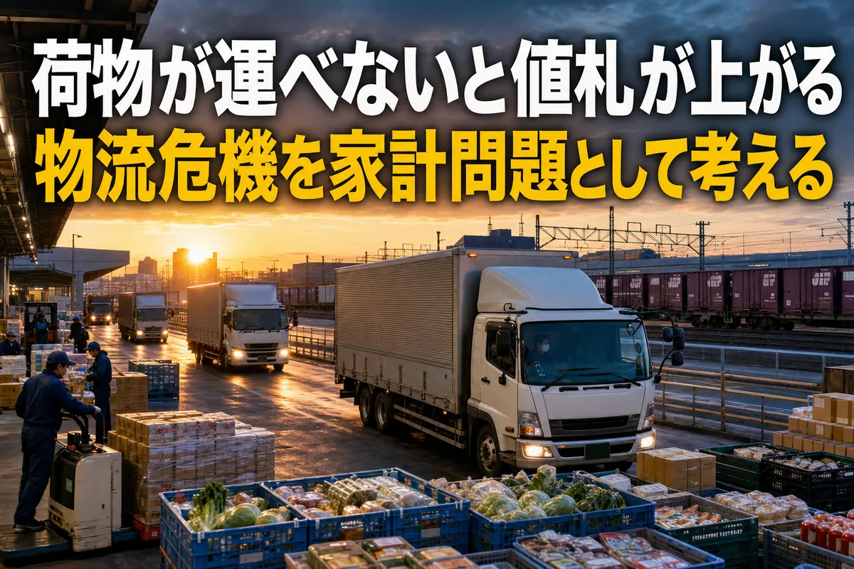 物流拠点から食品や工業品を運び出すトラックと作業員の様子。