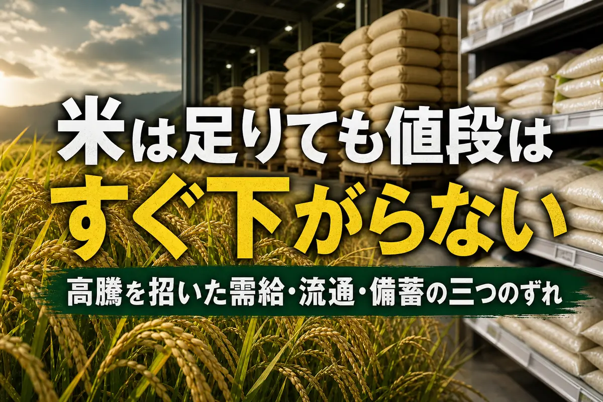 水田から倉庫、店頭へ続く日本の米の供給現場。