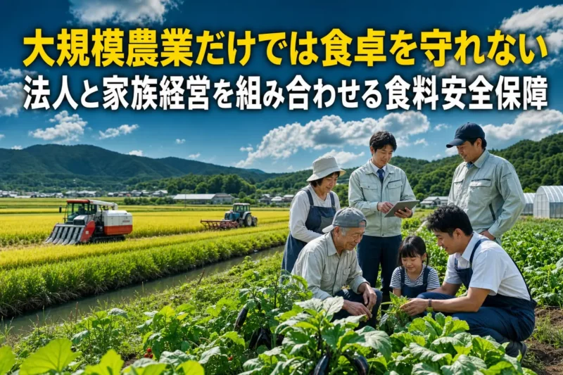 大規模な水田と家族経営の畑が共存する日本の農村風景。