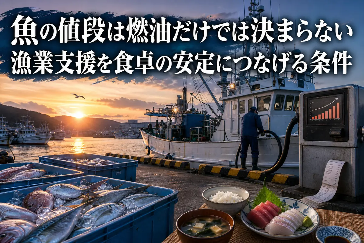 燃料を補給する漁船と水揚げされた魚が並ぶ日本の漁港。