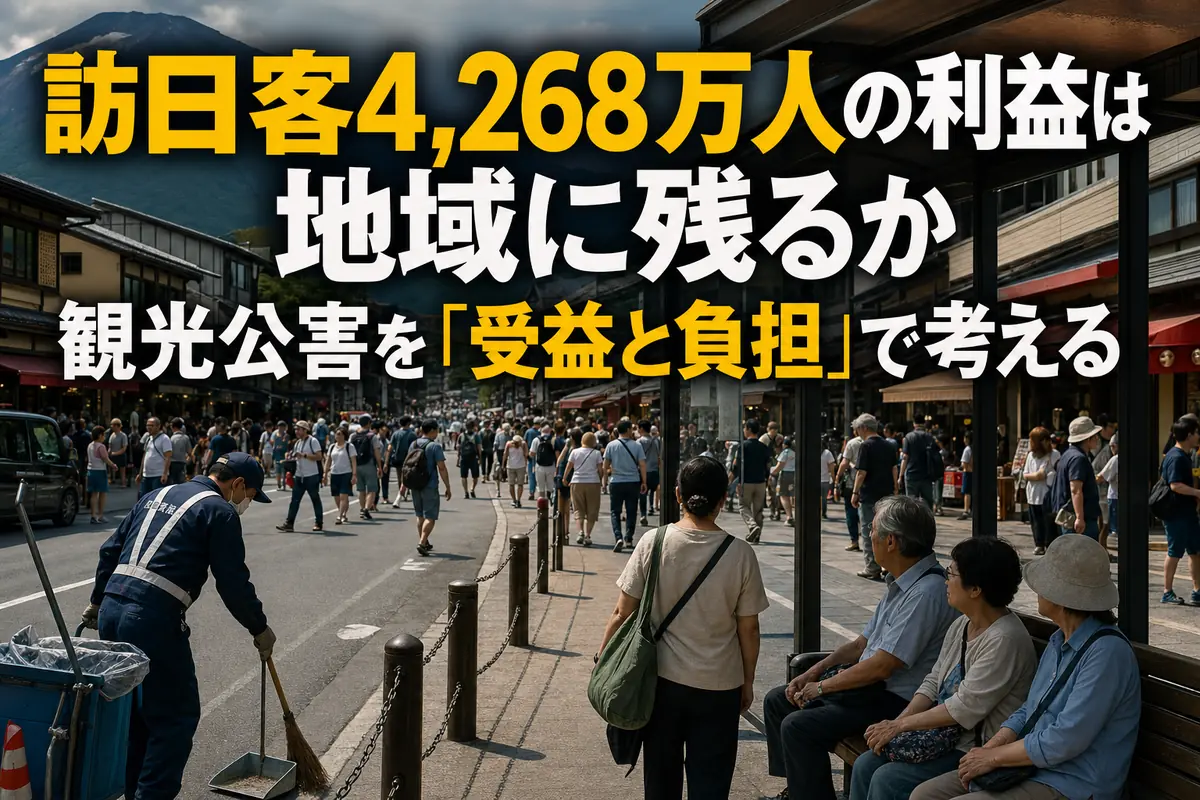 観光客でにぎわう日本の街と、同じ空間で暮らす地域住民の様子。
