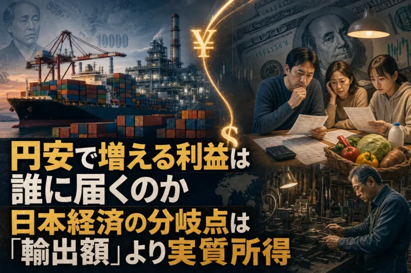 輸出港と家計の買い物、地域の工場を対比した日本経済のイメージ。
