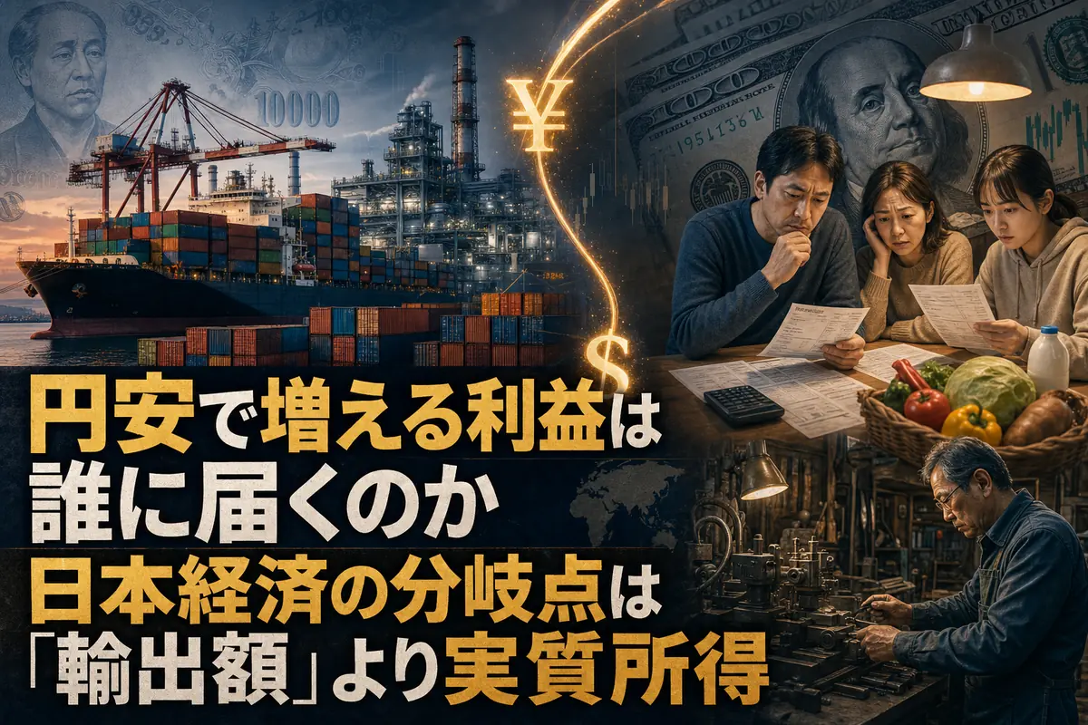 輸出港と家計の買い物、地域の工場を対比した日本経済のイメージ。