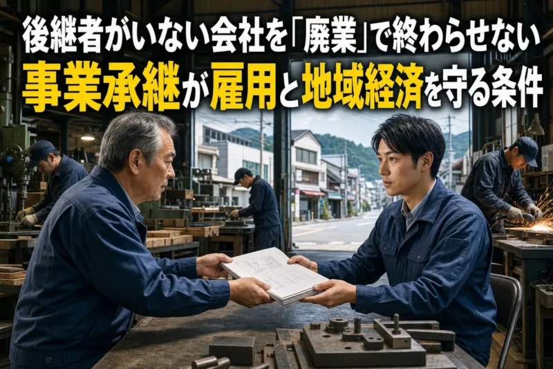 地域の中小企業で経営者と後継者が事業承継について話し合う様子。