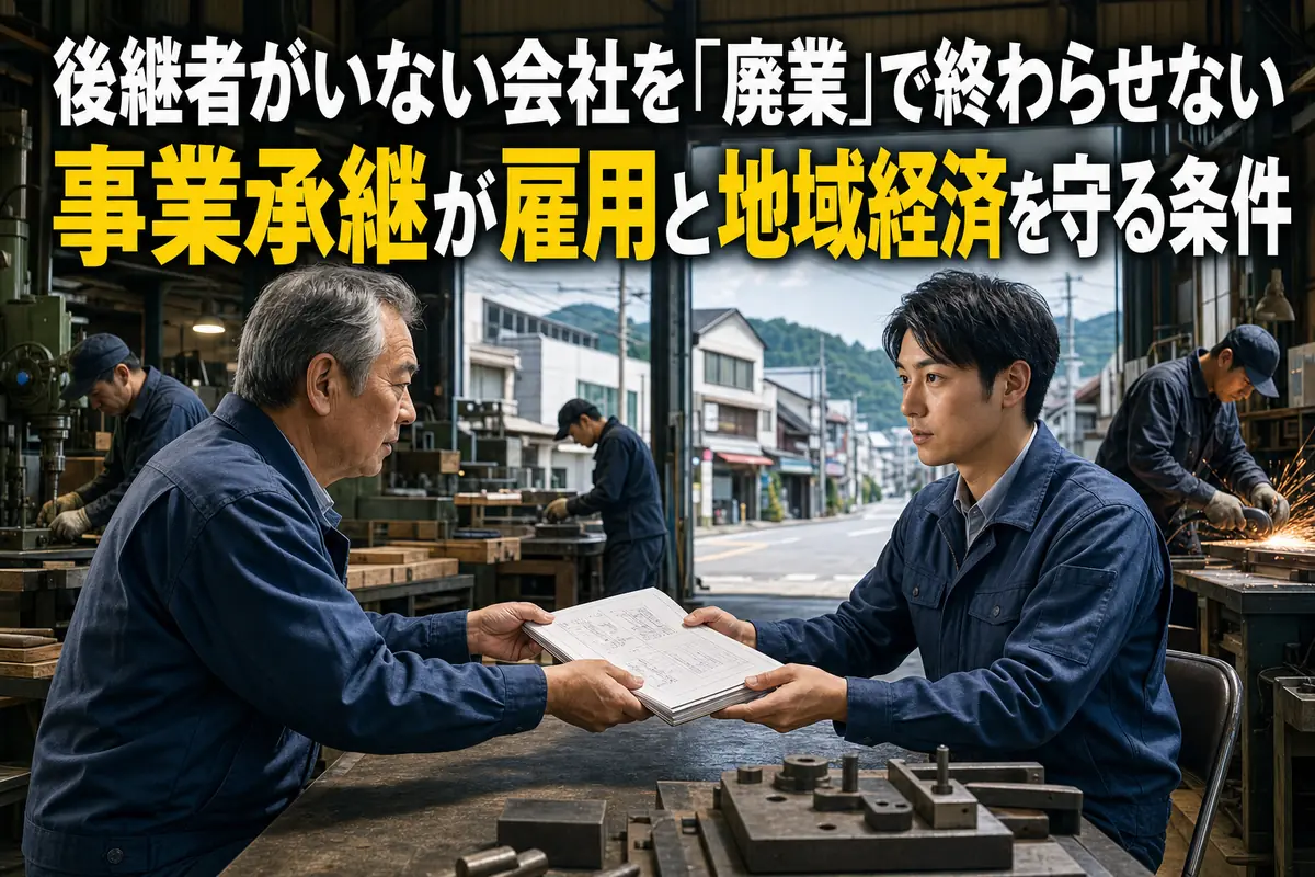 地域の中小企業で経営者と後継者が事業承継について話し合う様子。