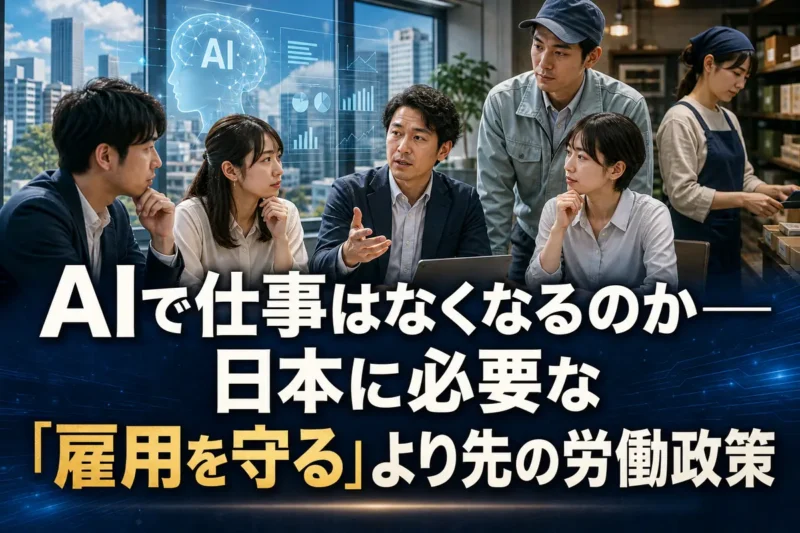AIを導入する職場で、従業員が仕事の変化と学び直しについて話し合う様子。