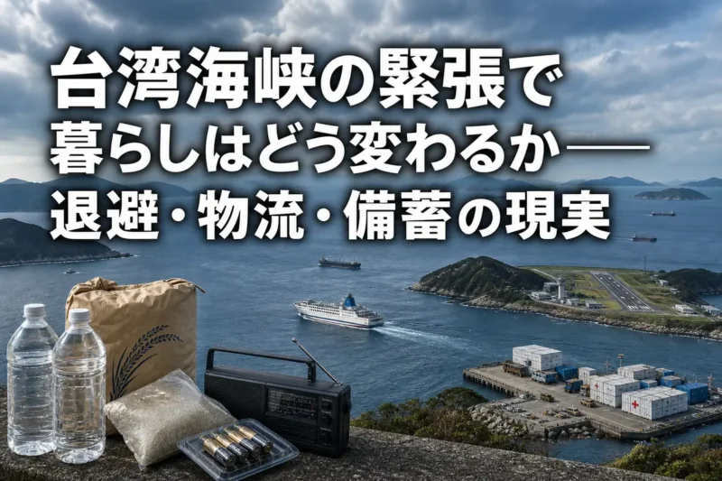 台湾海峡を航行する船舶と日本の離島の港を表したイメージ。