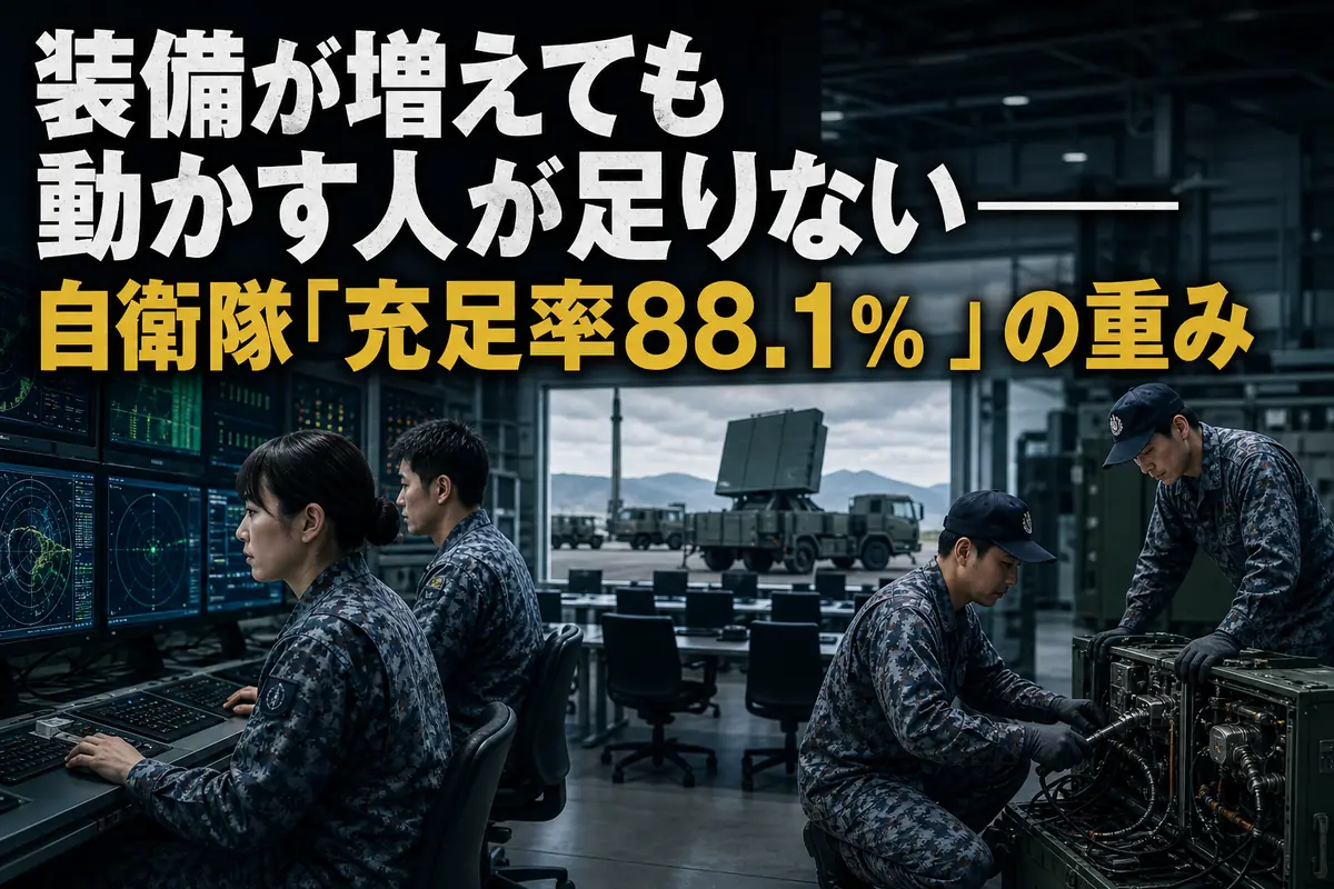 自衛隊の運用施設で少人数の隊員が監視と整備に当たる様子。