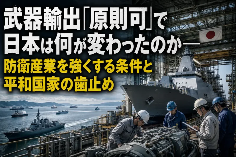 造船所で建造中の艦艇と作業員を通じて防衛産業と安全保障を表したイメージ。