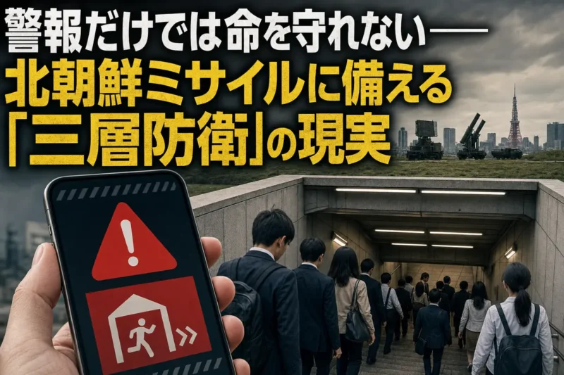 緊急警報を受けて地下施設へ避難する人々と日本の都市景観。