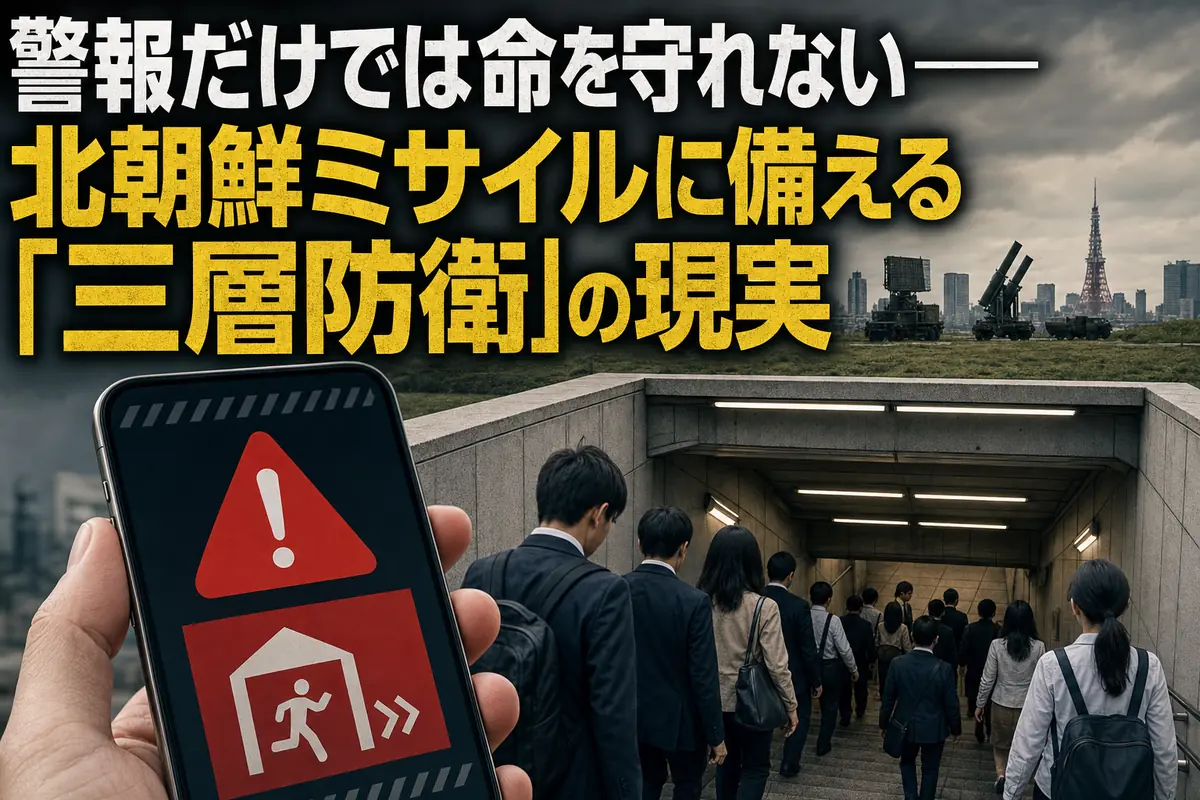 緊急警報を受けて地下施設へ避難する人々と日本の都市景観。