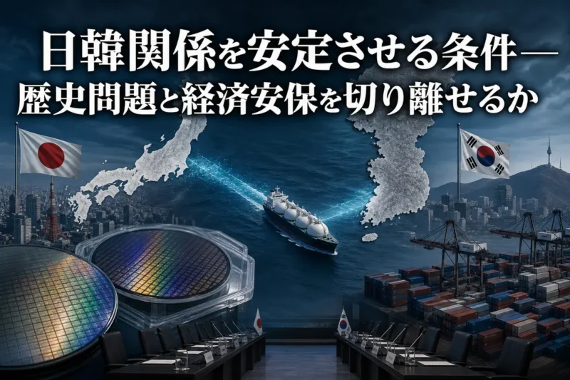 日本と韓国を結ぶ供給網と外交協議を表現したイメージ。