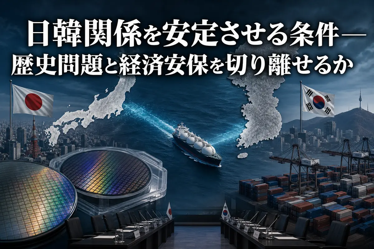 日本と韓国を結ぶ供給網と外交協議を表現したイメージ。