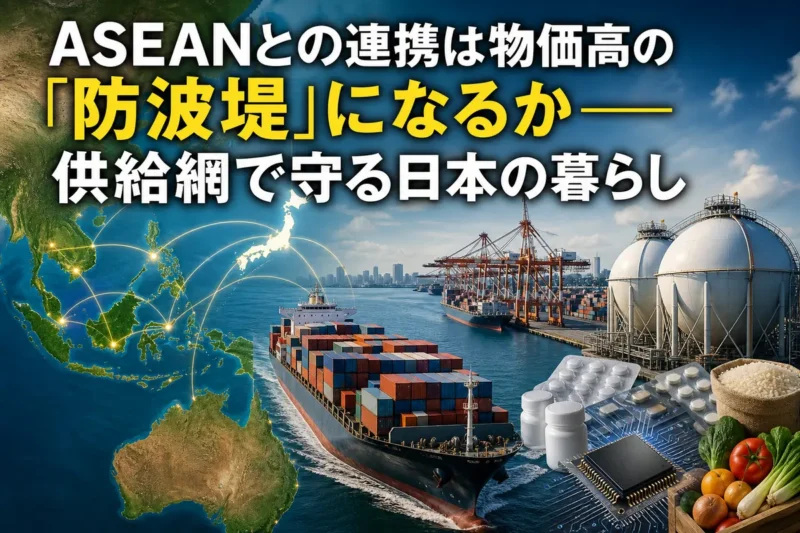 日本とASEANを結ぶ港湾、貨物船、エネルギー施設を描いた供給網のイメージ。