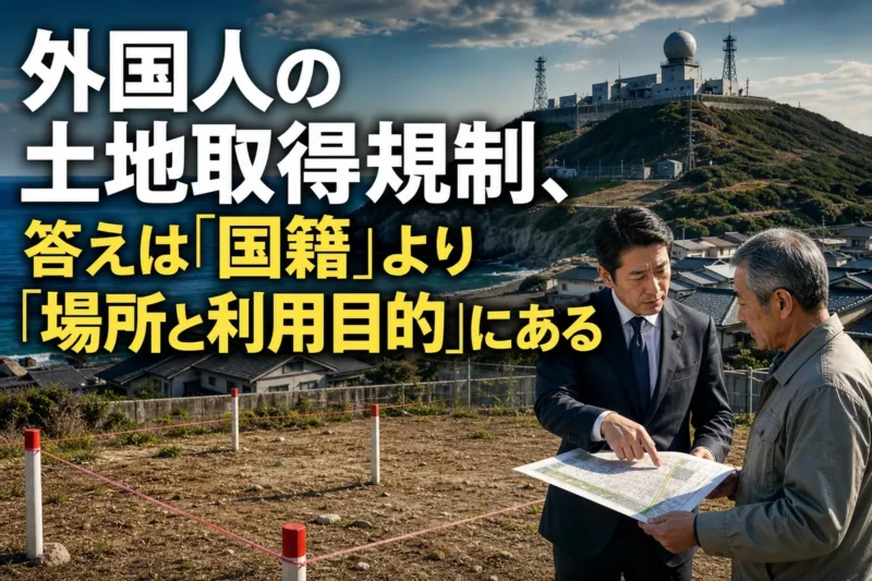 重要施設周辺の土地と地図を確認する関係者のイメージ。