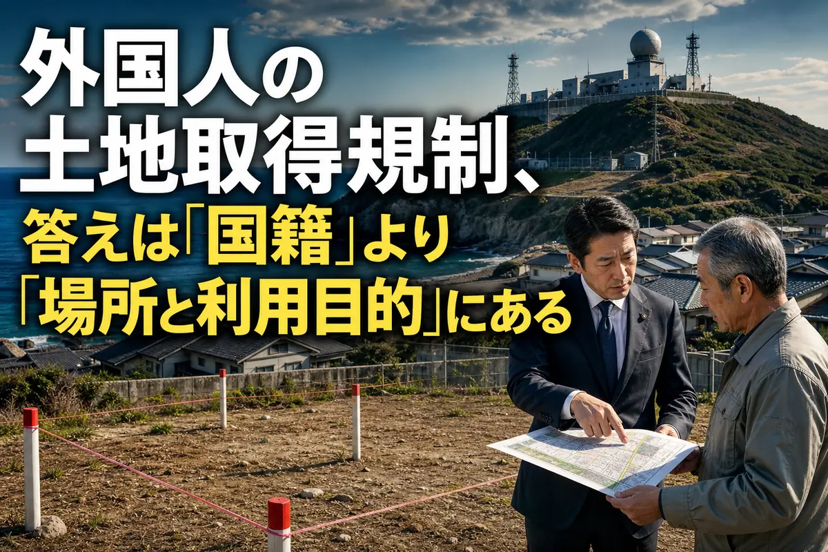 重要施設周辺の土地と地図を確認する関係者のイメージ。
