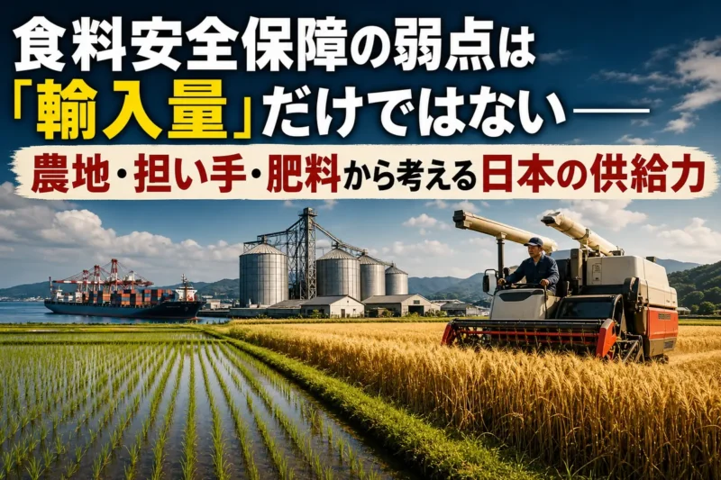 日本の農地と港湾物流が食料供給を支える様子。