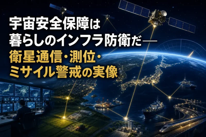 日本上空の衛星が都市や船舶、災害対応拠点を結ぶ様子。
