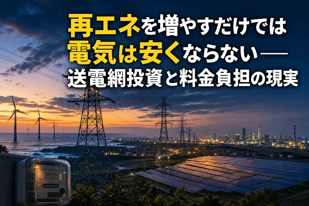 再生可能エネルギーの発電地域と都市を結ぶ送電網のイメージ。