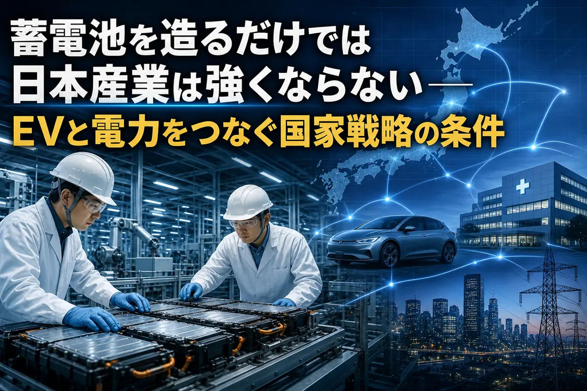 蓄電池工場と電気自動車、都市の電力網がつながる様子。