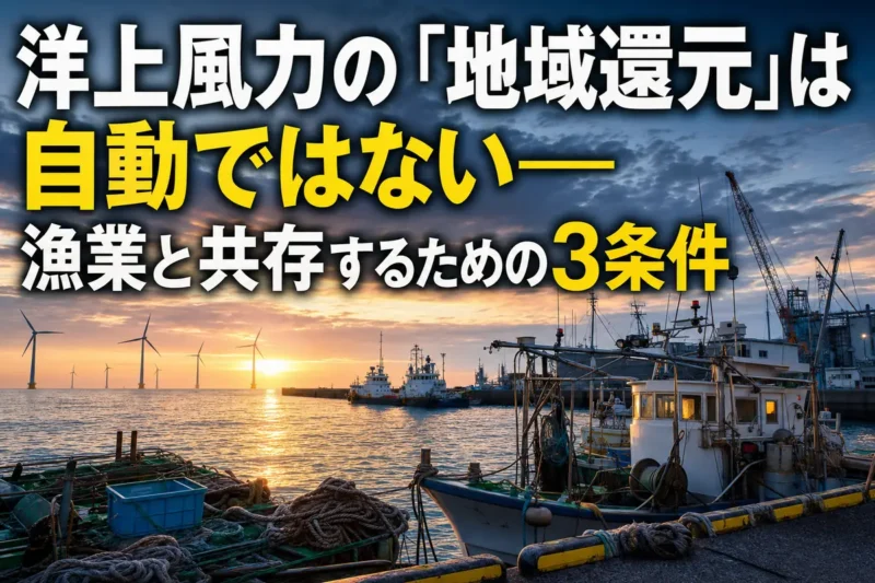 漁船が行き交う日本の沿岸と沖合に並ぶ洋上風車。