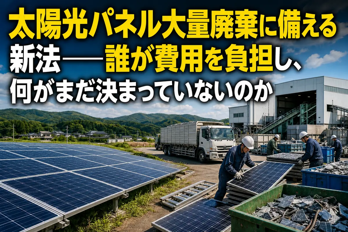 撤去された太陽光パネルを作業員がリサイクル用に分別している様子。