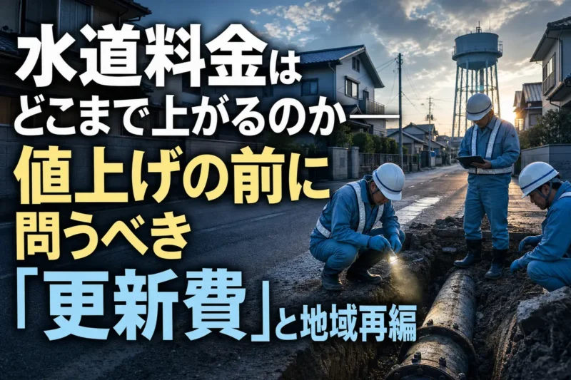 住宅地で老朽化した水道管を点検する作業員。