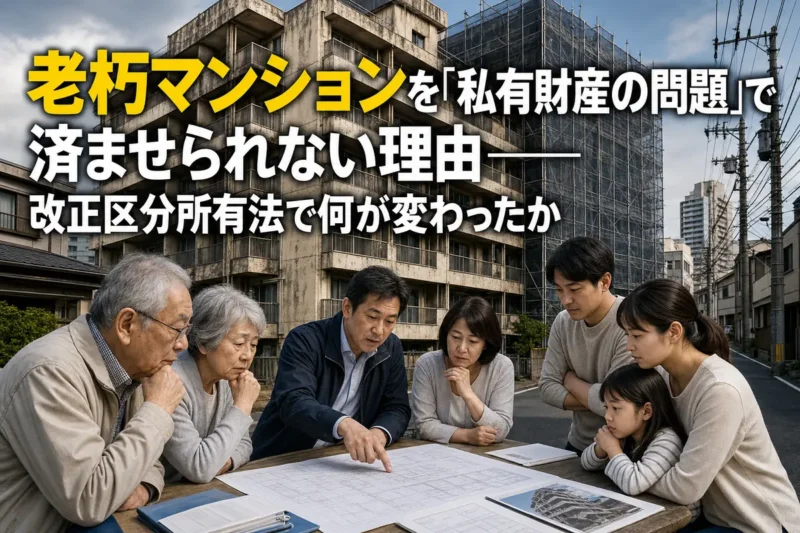 老朽マンションを前に修繕計画を確認する住民たち。
