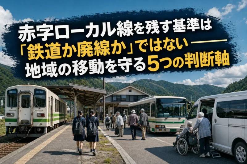 地方駅でローカル列車と地域交通の車両が接続する様子。