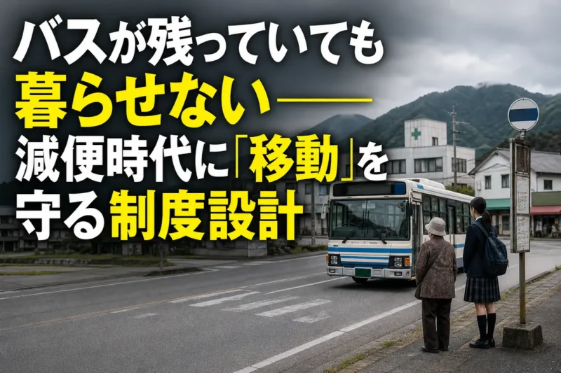 地方のバス停で路線バスを待つ高齢者と高校生。