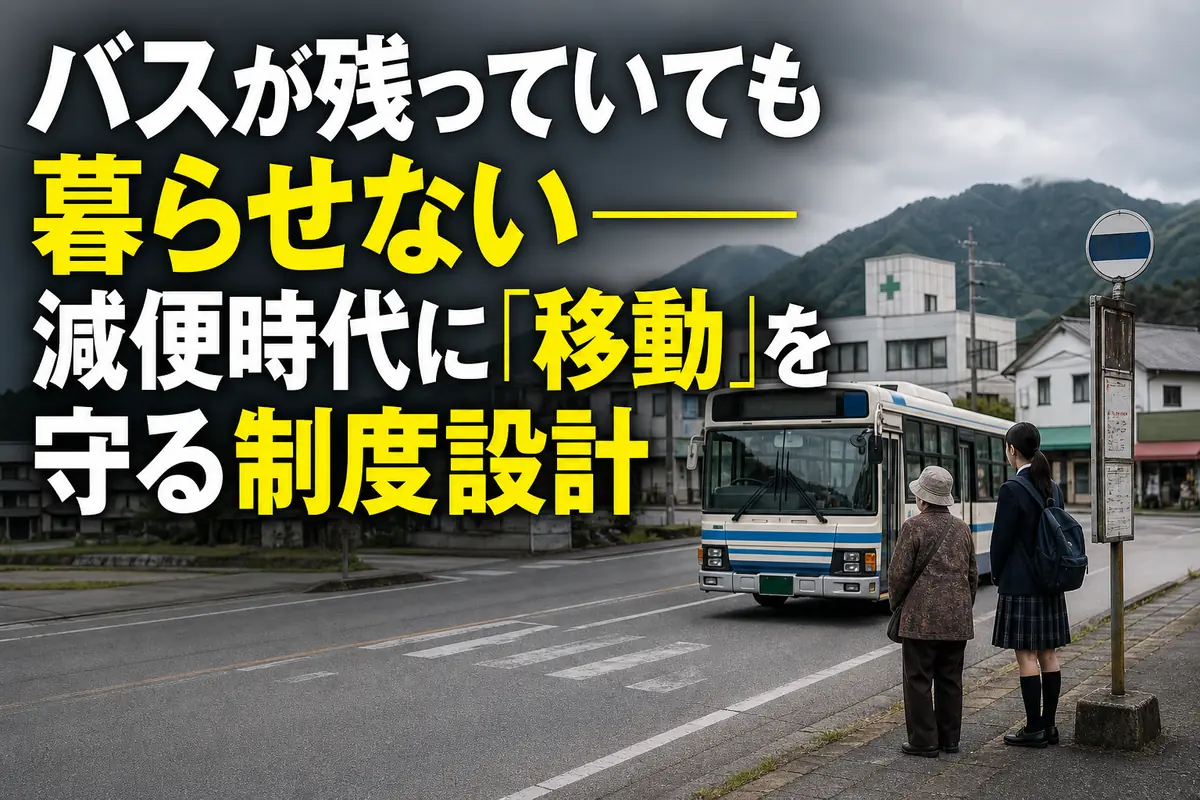 地方のバス停で路線バスを待つ高齢者と高校生。