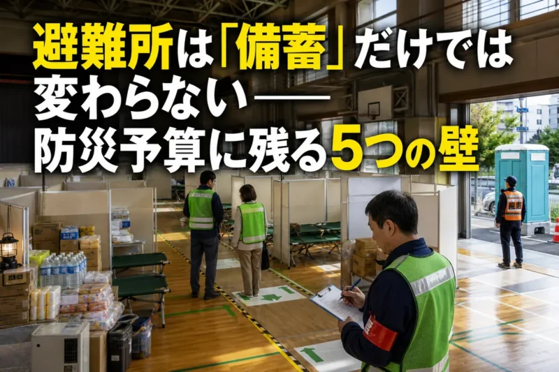 簡易ベッドや間仕切りが整備された学校体育館の避難所。