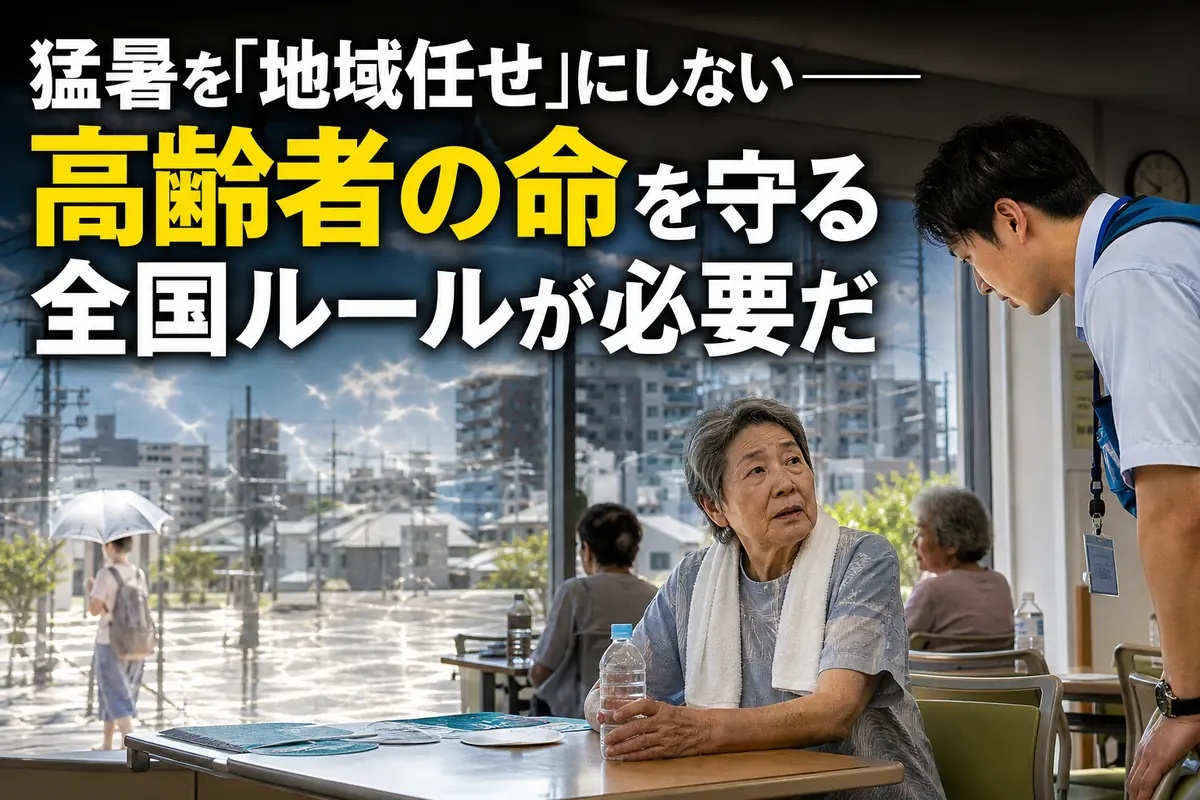 猛暑日に涼しい公共施設で休む高齢者と見守る自治体職員。