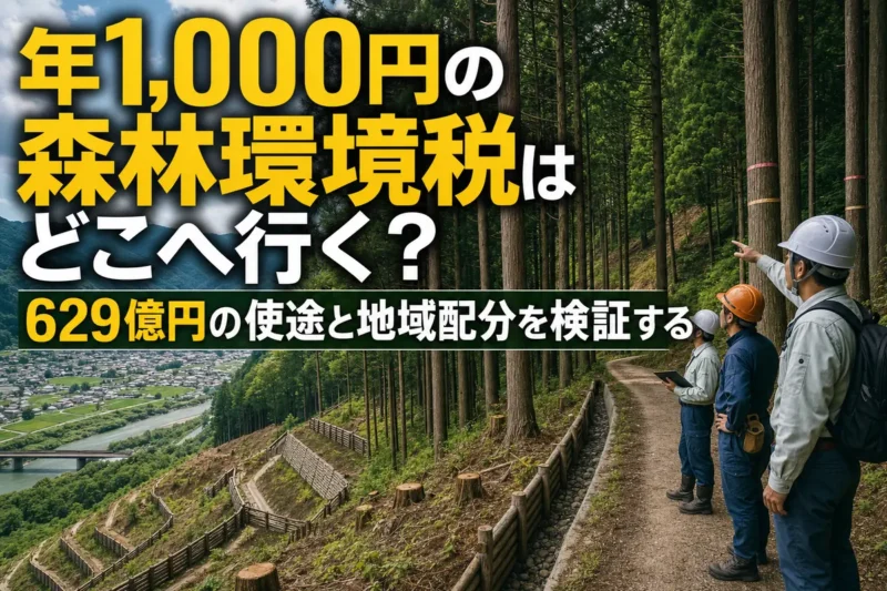 山間の人工林と集落を見渡しながら森林を点検する作業員。