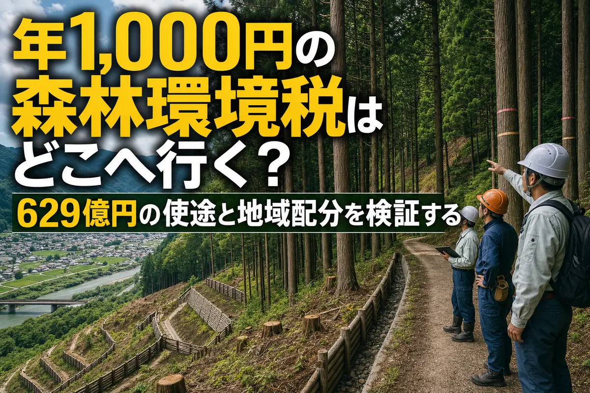 山間の人工林と集落を見渡しながら森林を点検する作業員。