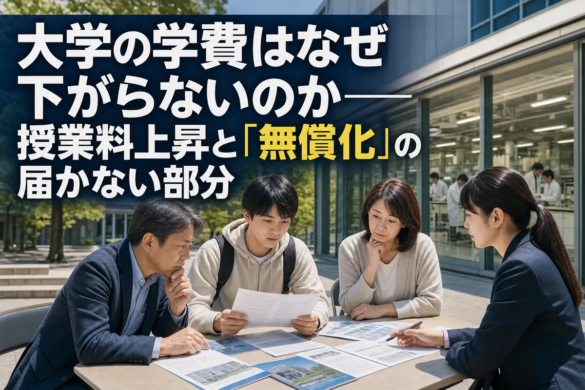 大学のキャンパスを背景に学費資料を確認する学生と保護者。