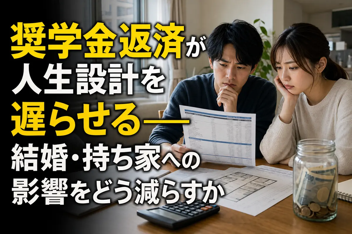 奨学金の返済額と住宅購入の資金計画を確認する若い夫婦。