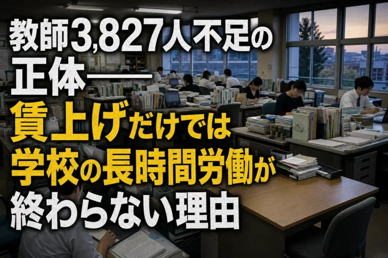 夕方の職員室で働く教員と空席になった机。