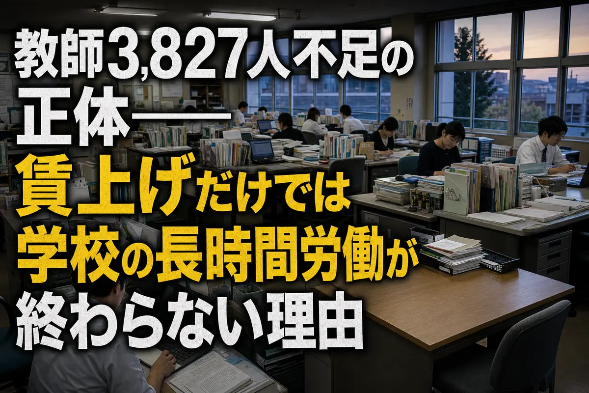 夕方の職員室で働く教員と空席になった机。