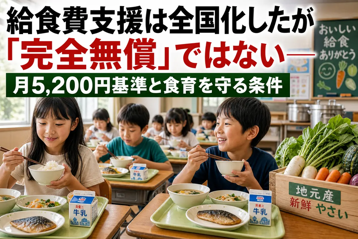 公立小学校の教室で、児童が栄養バランスの取れた給食を食べている。