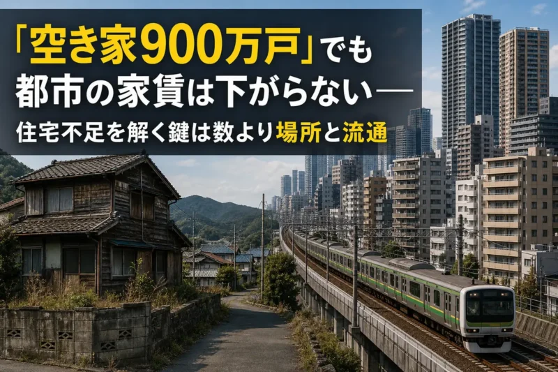 地方の空き家と東京の集合住宅を対比した住宅政策のイメージ。