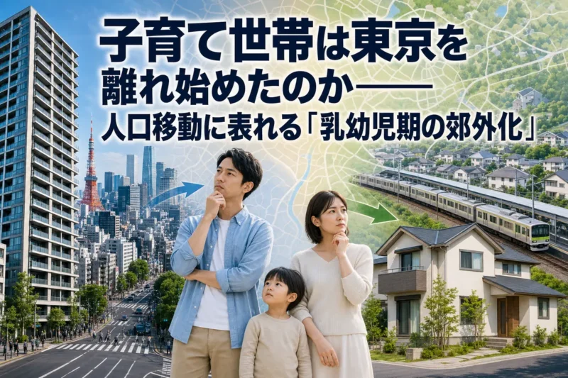 都心の集合住宅と郊外の住宅を前に居住地を考える子育て家族。