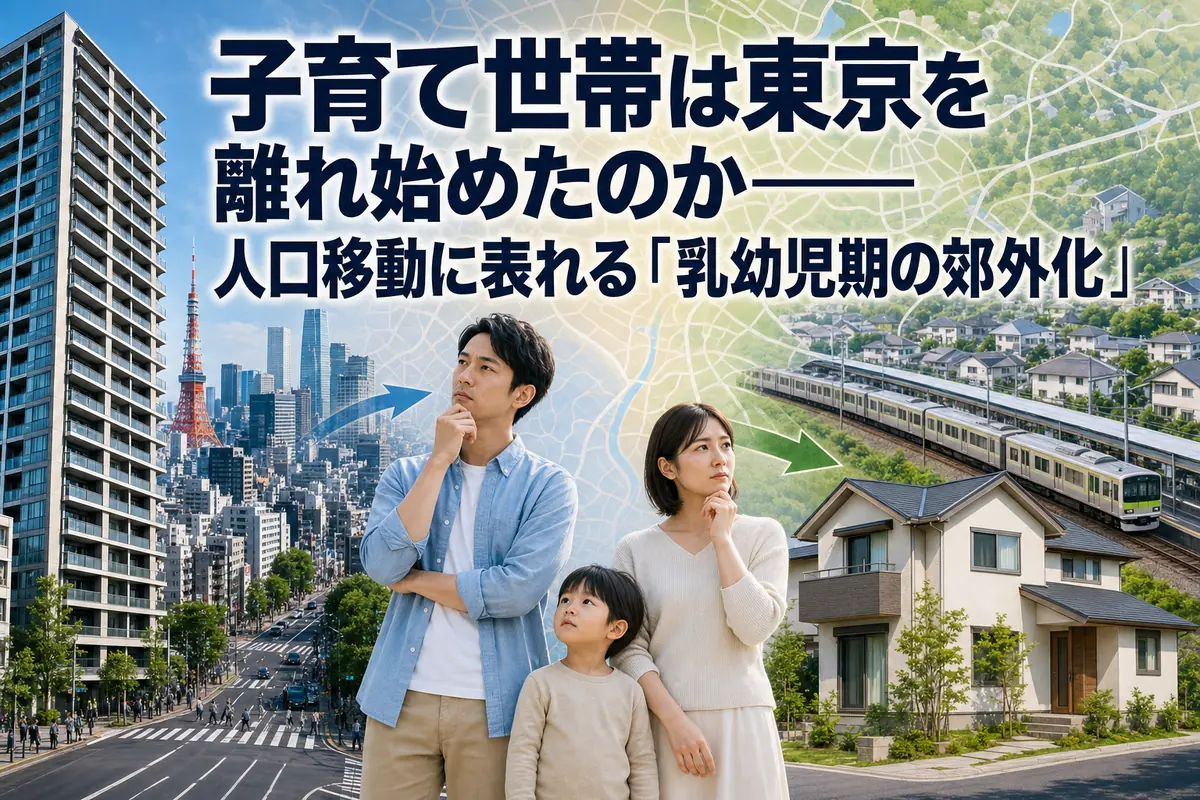 都心の集合住宅と郊外の住宅を前に居住地を考える子育て家族。