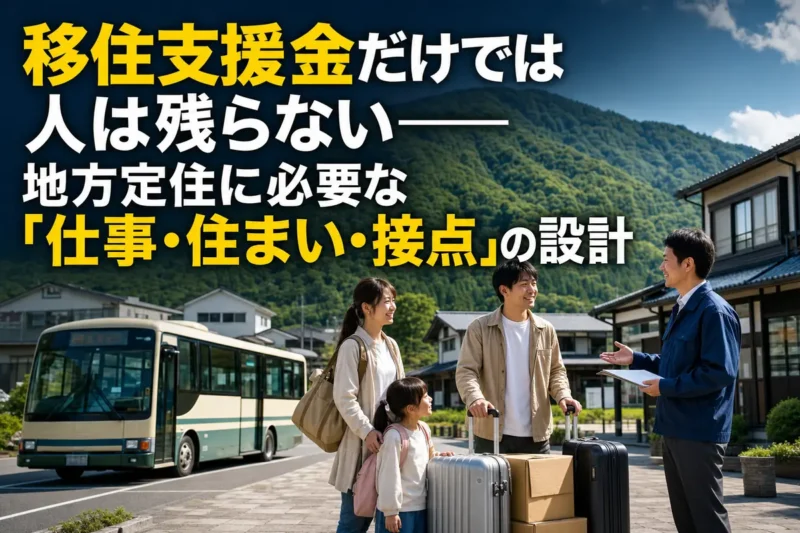 地方の駅前で移住者家族と地域担当者が話す様子。