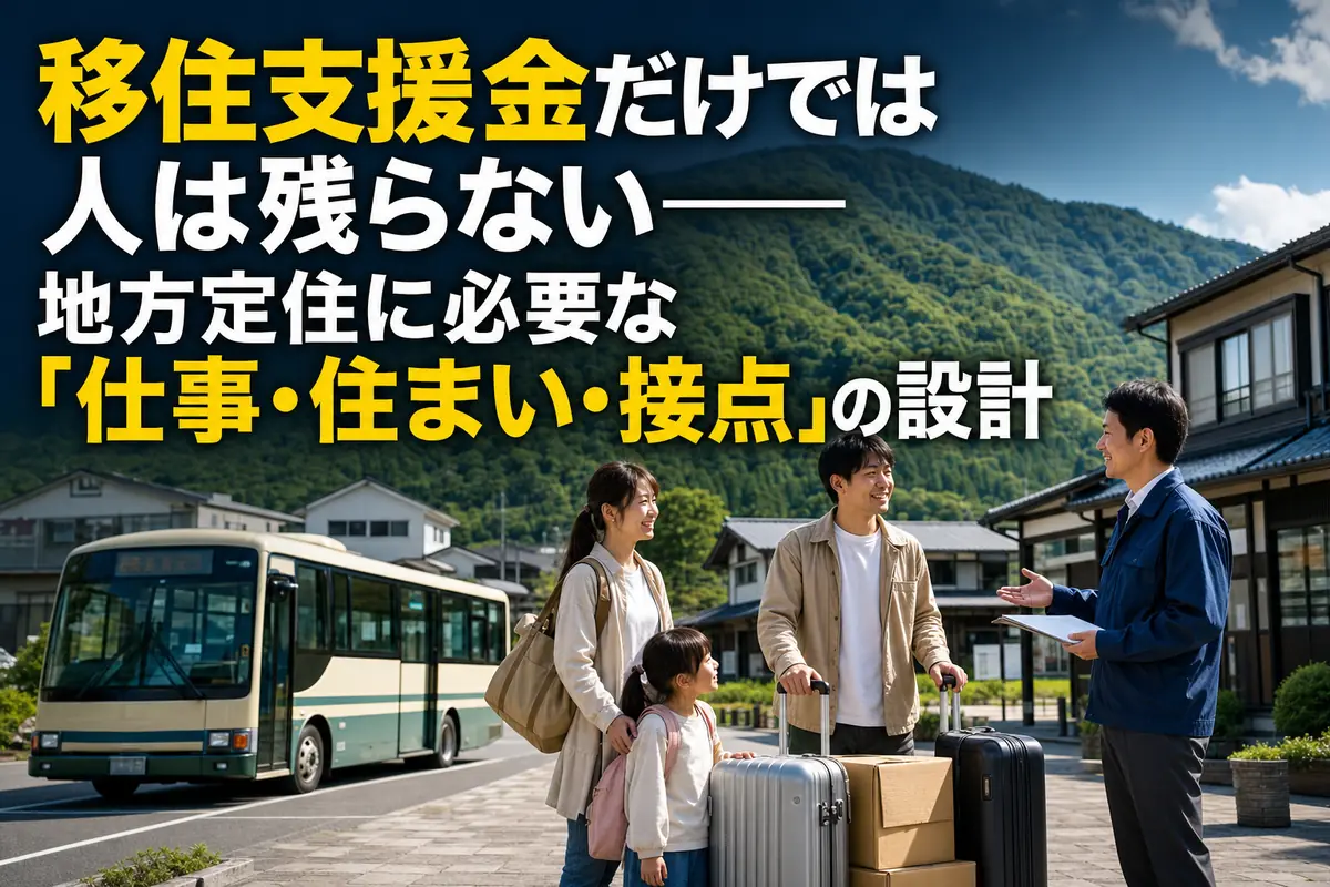地方の駅前で移住者家族と地域担当者が話す様子。